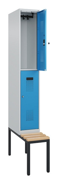 C+P Doppelstock-Spind Evolo PLUS, Bank, 2 Fächer, 2120x300x815mm, 7035/5012, Zylinderschloss, Sitzfläche Buche-Hartholz, Sitzbank, 0493507-10 S10034