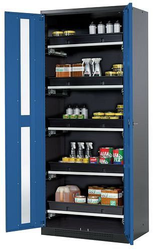 asecos Chemikalienschrank Systema-T CS-85G, Korpus anthrazit, Flügeltüren blau, 5 Tablarauszüge, 209009