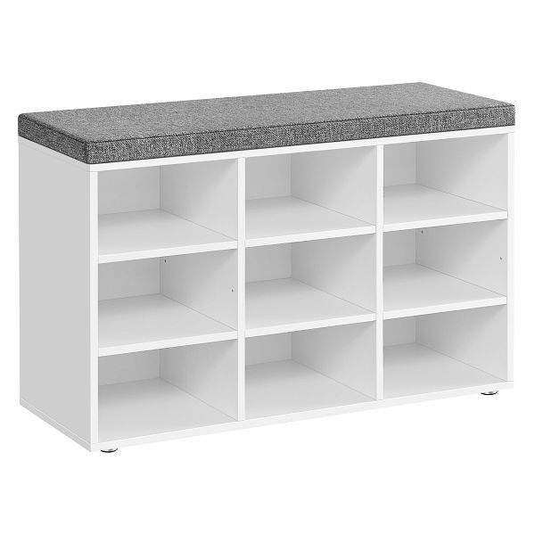 VASAGLE Schuhbank mit Polsterung, mit gepolstertem Sitz, Eingangsbank mit 9 Fächern, verstellbare Regale, 11,9 x 30,9 x 18,9 Zoll, weiß und grau, LHS009W14