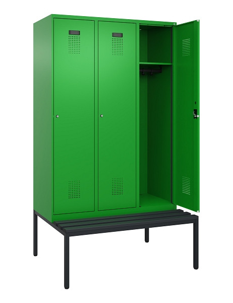 C+P Spind Evolo PLUS, 3 Abteile, 2120x1200x815mm, 6037/6037, Haken 4, Zylinderschloss, Sitzfläche Kunststoff, Sitzbank, 0490507-32 S10107