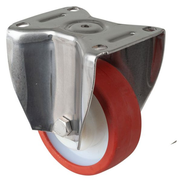BS Rollen Edelstahl-Schwerlastrolle Bockrolle, Edelstahl, Gleitlager Polyurethanrad rot, Anschraubplatte, Durchmesser 125 mm, HS110.B27.126