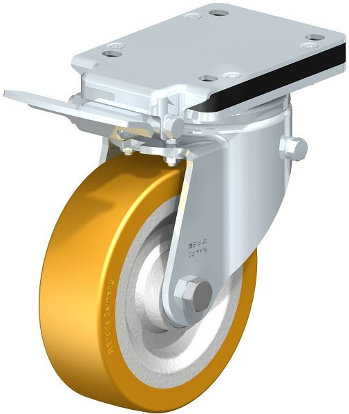 Blickle LH-SETH 160K-IS Stahlblech-Lenkrolle, Schwerlast-Ausführung, mit Anschraubplatte & Feststeller, Blickle Extrathane®, Hellbraun, 702159