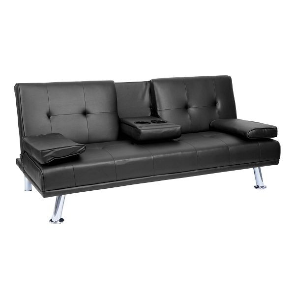 Mendler 3er-Sofa HWC-F60, Couch Schlafsofa Gästebett, Tassenhalter verstellbar 97x166cm, Kunstleder, schwarz, 70180