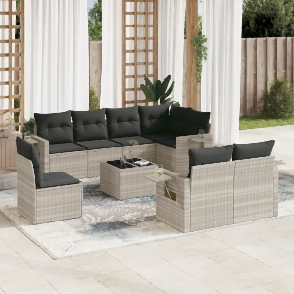 vidaXL 9-tlg. Garten-Sofagarnitur mit Kissen Hellgrau Poly Rattan, 3252789
