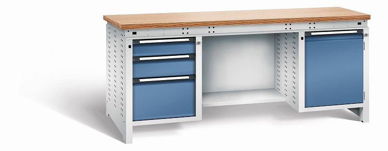 Otto Kind Werkbank Serie function Typ 304, Multiplexplatte 40 mm, bündig, 2x Unterbau + mittleres Feld, Gehäuse RAL 7035, Front RAL 5023, 072359164