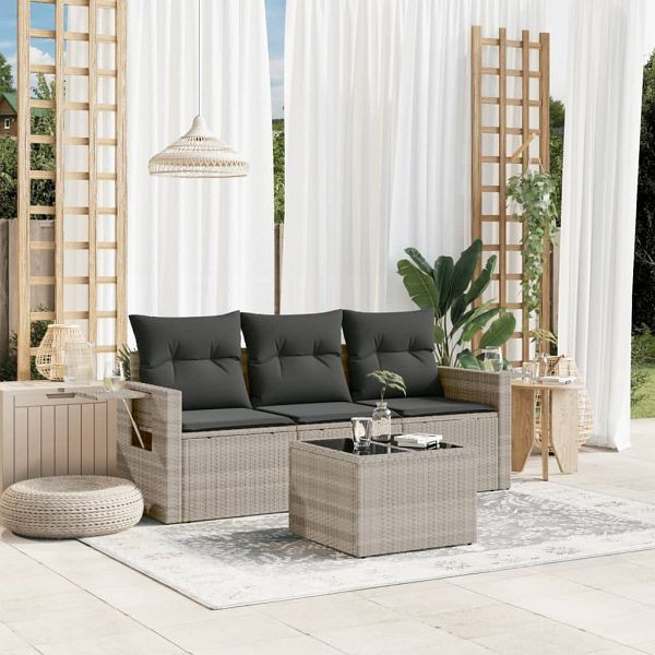 vidaXL 4-teilig Garten-Sofagarnitur mit Kissen Hellgrau Poly Rattan, 3252209