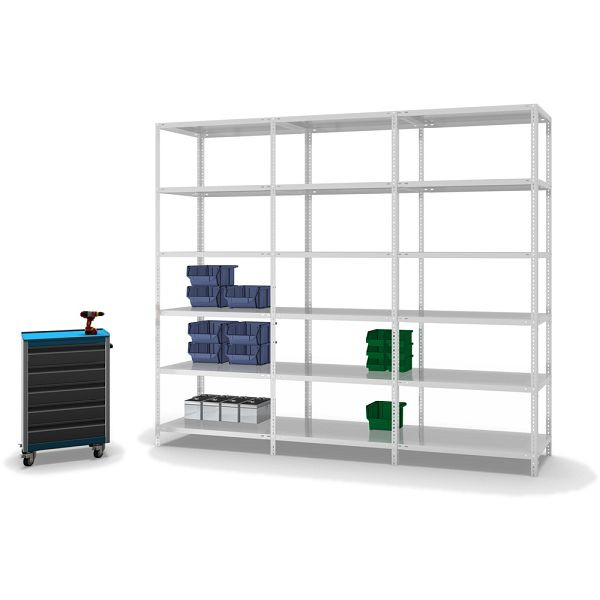 hofe Fachboden-Grundregal, 2500x600x1000 mm, 6 Fachebenen, RAL 7035, 200 kg Fachlast, 1200 kg Feldlast, zweiseitige Bedienung, WKG25610M