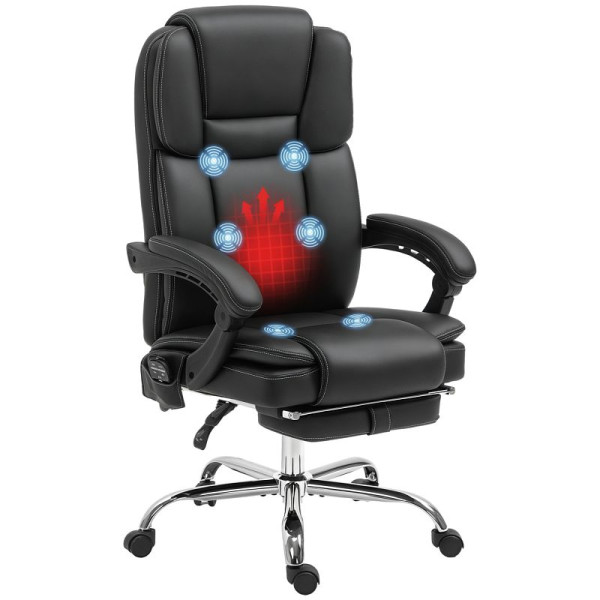 Vinsetto Verstellbarer Bürostuhl mit 6 Massagepunkten, Wärmefunktion, Fußstütze, Kunstleder, Schwarz, 921-684V90BK