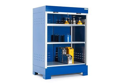 DENIOS SteelSafe Gefahrstoffdepot D2, mit Rollladen und Stahlregal für Kleingebinde, 291044