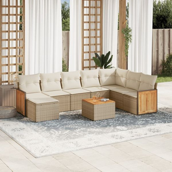 vidaXL 9-teilig Garten-Sofagarnitur mit Kissen Beige Poly Rattan, 3227934