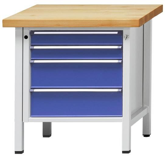 ANKE Werkbänke Kastenwerkbank; 800 x 700 x 890 mm; RAL 7035/5010; Buche-Massiv-Platte 40 mm; 4 Schubladen 90, 90, 180, 180 mm, 300.129