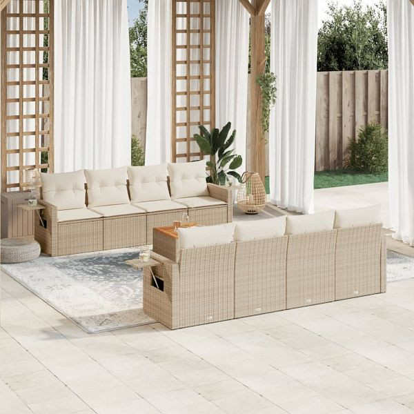 vidaXL 9-teilig Garten-Sofagarnitur mit Kissen Beige Poly Rattan, 3224483