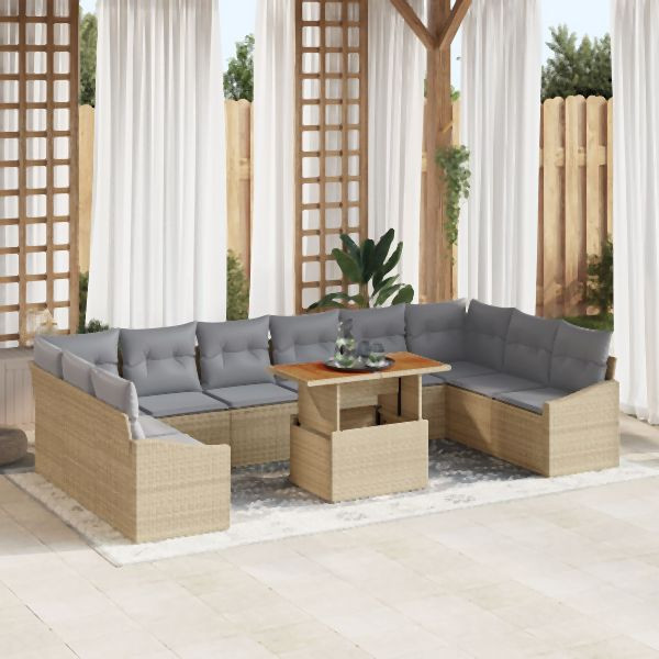 vidaXL 11-teiliges Garten Essset mit Kissen Beige Poly Rattan Akazie, 3349888