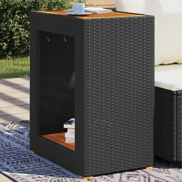 vidaXL Garten-Beistelltisch mit Holzplatte Schwarz Poly Rattan, 366303