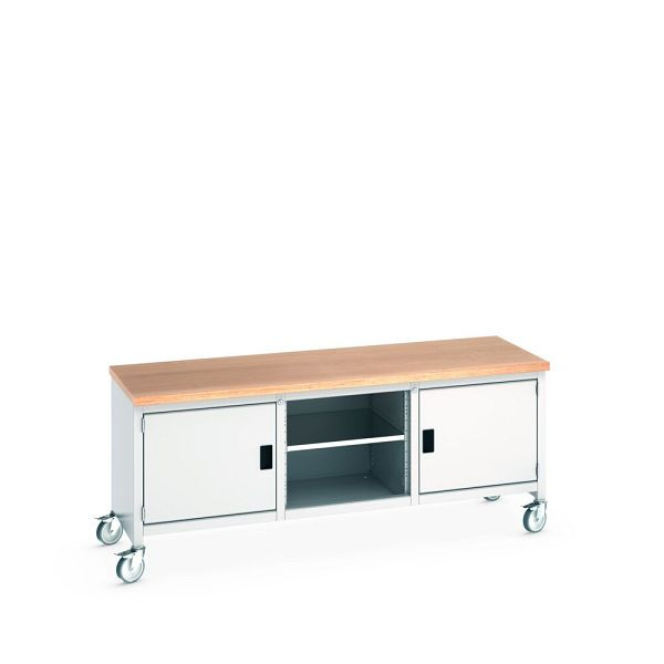 bott cubio Kastenwerkbank mobil, 2 Türen, 3 Ablagen, Multiplex-Arbeitsplatte, BxTxH: 2000x750x840mm, RAL 7035/7035, Lichtgrau, 41002118.16V