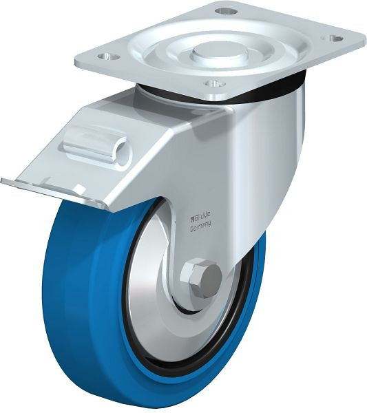Blickle L-POEV 160KD-FI-SB-FA Stahlblech-Lenkrolle, mittelschwere Ausführung, mit Anschraubplatte & Feststeller, Elastik-Vollgummi, Blau, 749360