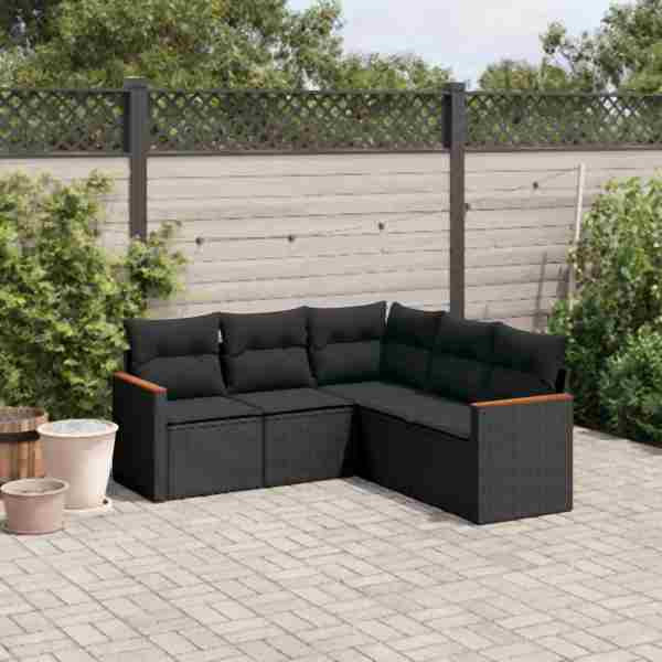 vidaXL 5-tlg. Garten-Sofagarnitur mit Kissen Schwarz Poly Rattan, UV-beständig, 3225957