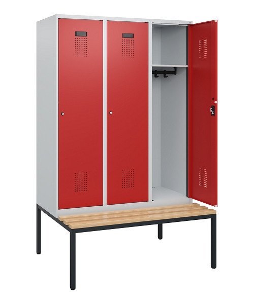 C+P Spind Evolo PLUS, 3 Abteile, 1950x1200x815mm, 7035/3000, Zylinderschloss, Sitzfläche Buche-Hartholz, Sitzbank, 0490505-32 S10024