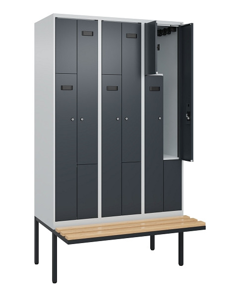 C+P Z-Spind Evolo PLUS, Bank, 6 Fächer, 2120x1200x815mm, 7035/7016, Zylinderschloss, Sitzfläche Holz, 0490437-326 S10036