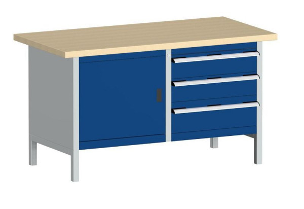 bott cubio Kastenwerkbank mit 3 Schubladen Tür, Ablage, Multiplex-Arbeitsplatte BxTxH: 1500 x 750 x 840 mm, RAL 7035/5010, 41002025.11V