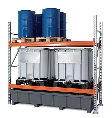 DENIOS Palettenregal PRP 27.27 für 6 Euro- oder 4 Chemiepaletten oder 4 IBC, mit 2 Lagerebenen, Grundfeld, 201633