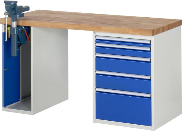 RAU Werkbank Serie 7000 - Baukasten-Bauweise, 5 x Schublade, 1 x Schraubstockschrank, 1500x840x700 mm, 03-7511A2-157B4S.11