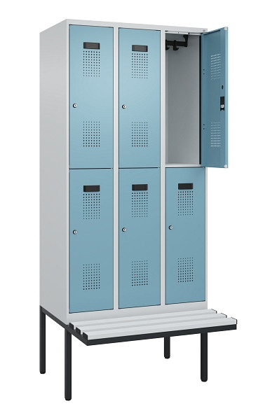 C+P Doppelstock-Spind Evolo PLUS, Bank, 6 Fächer, 2120x900x815mm, 7035/0010, Zylinderschloss, Sitzfläche Kunststoff, 0493407-30 S10117