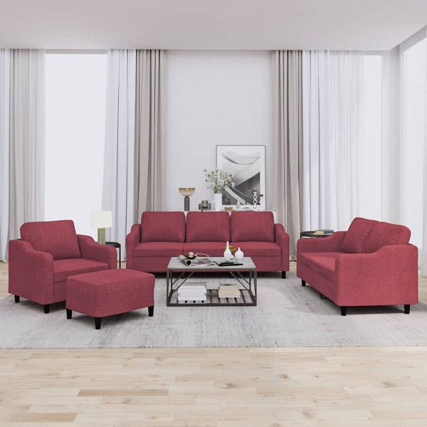 vidaXL 4-teilig Sofagarnitur mit Kissen Weinrot Stoff, 3201784