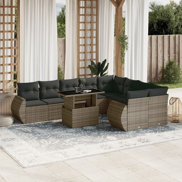 vidaXL 10-teilig Garten-Sofagarnitur mit Kissen Grau Poly Rattan, 3268760