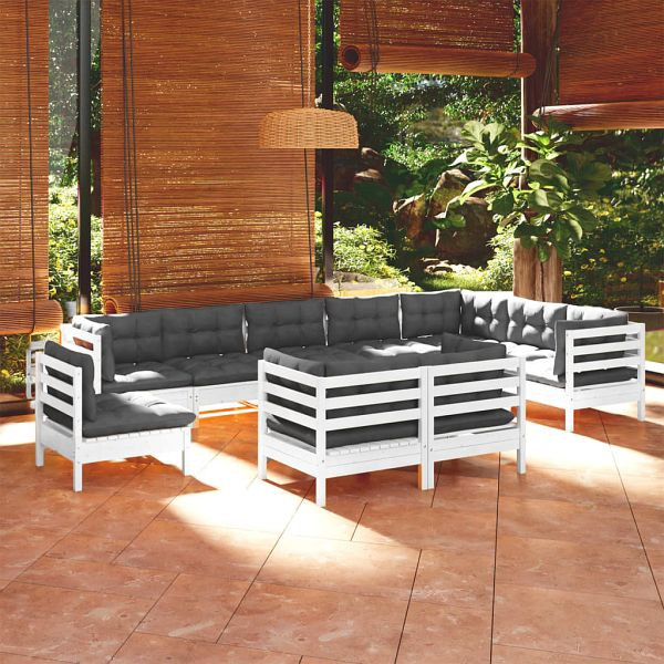 vidaXL 10-teilig Garten-Lounge-Set mit Kissen Weiß Kiefer Massivholz, 3096780