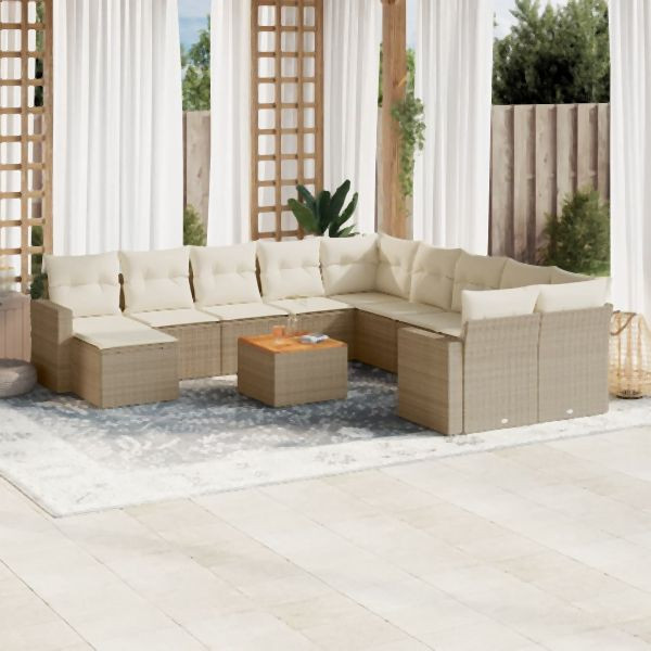 vidaXL 12-tlg. Garten-Sofagarnitur mit Kissen Beige Poly Rattan, 3224420