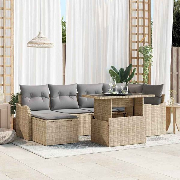 vidaXL Garten-Sofa-Set mit Kissen mit Speicher 7-teilig Beige Poly-Rattan, 3357233