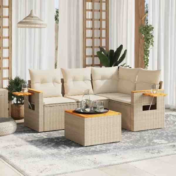 vidaXL 5-tlg. Garten-Sofagarnitur mit Kissen Beige Poly Rattan, UV-beständig, 3259181