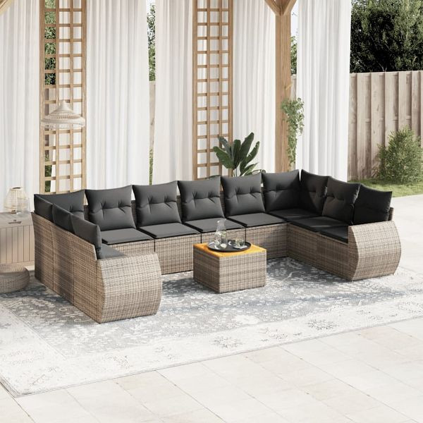 vidaXL 11-teilig Garten-Sofagarnitur mit Kissen Grau Poly Rattan, 3225178