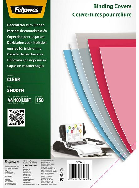 Fellowes Deckblätter, A4, PET 150 g/qm, glatt transparent, 100 Stück, 5384501