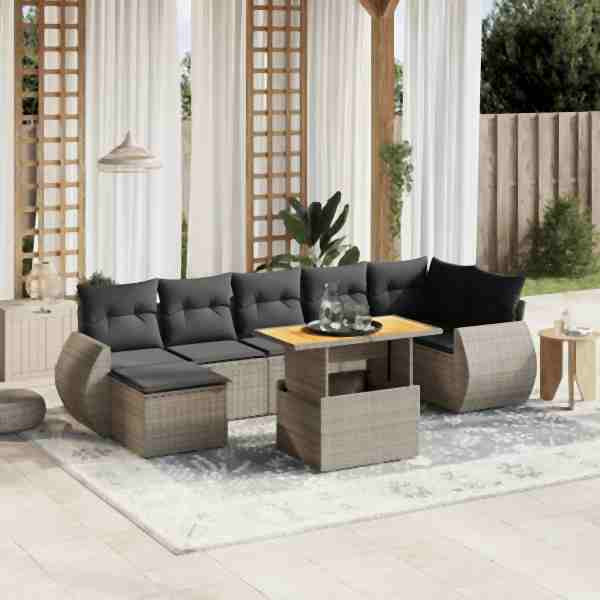vidaXL 8-tlg. Garten-Sofagarnitur mit Kissen Grau Poly Rattan, UV-beständig, 3272306