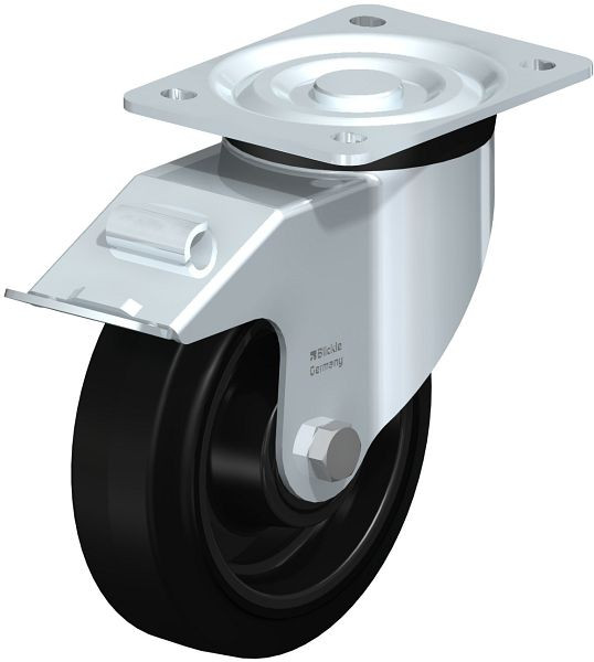 Blickle L-POEV 160KD-FI Stahlblech-Lenkrolle, mittelschwere Ausführung, mit Anschraubplatte & Feststeller, Elastik-Vollgummi, Schwarz, 33472