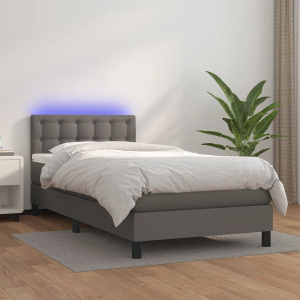 vidaXL Boxspringbett mit Matratze & LED Grau 90x200 cm Kunstleder, 3134205