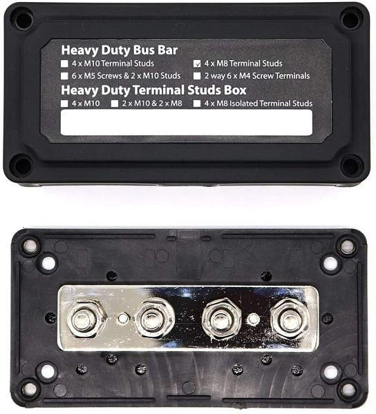 Offgridtec BusBar Box 4 x M8 Anschlussbolzen inklusive Abdeckung und Befestigungsschrauben schwarz, 8-01-012830