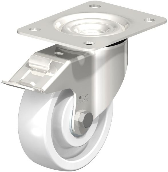 Blickle LKX-SPO 125XK-3-FI Edelstahl-Schwerlast-Lenkrolle mit Anschraubplatte & Feststeller, Polyamid, Weiß, 754916