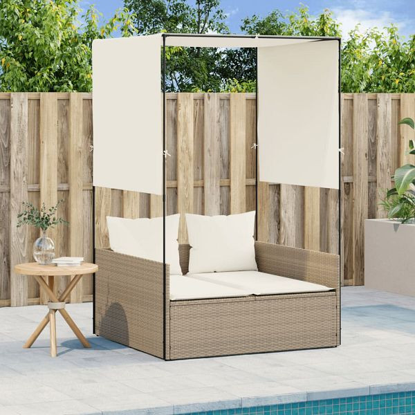 vidaXL Doppel-Sonnenliege mit Dach und Vorhängen Beige Poly Rattan, 4002759