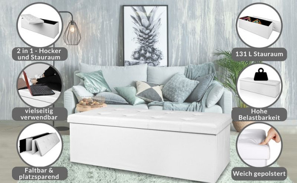 casaria Sitzbank Weiß 115x38x38cm mit Stauraum faltbar, 101621