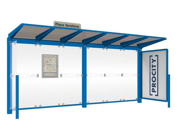 Procity Wartehalle Venedig - 1 Schaukasten 2000 + 1 Seitenverkleidung, Farbe RAL 5010, Maße: Breite 5000 x Höhe 2422 x Tiefe 1520 mm, 529662.5010