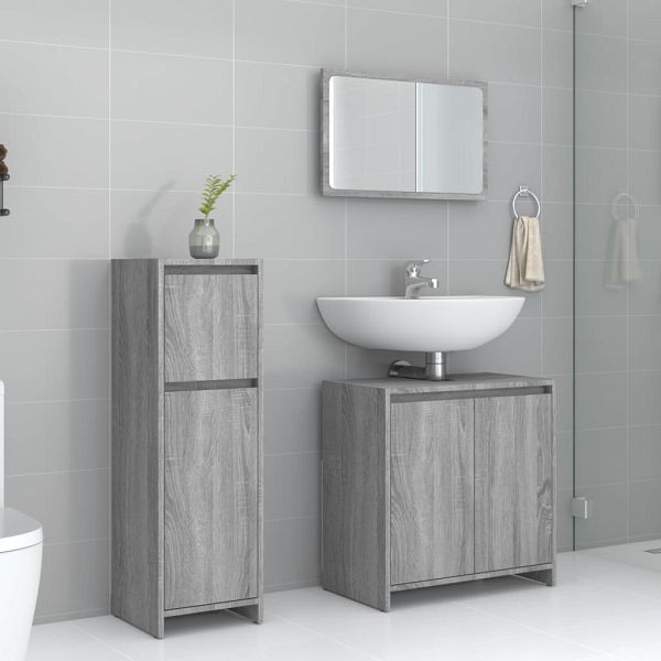 vidaXL 3-teilig Badmöbel-Set Grau Sonoma Holzwerkstoff, 3143932