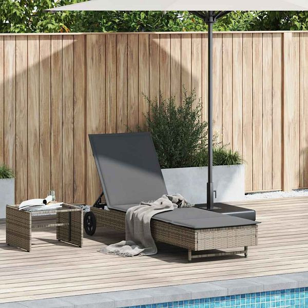 vidaXL Sonnenliege mit Rollen und Auflage Grau Poly Rattan, 4104035