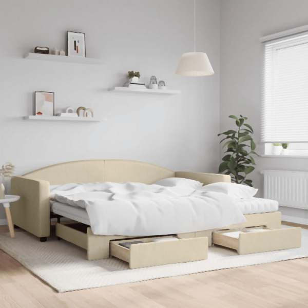 vidaXL Tagesbett Ausziehbar mit Schubladen Creme 100x200 cm Stoff, 3197251