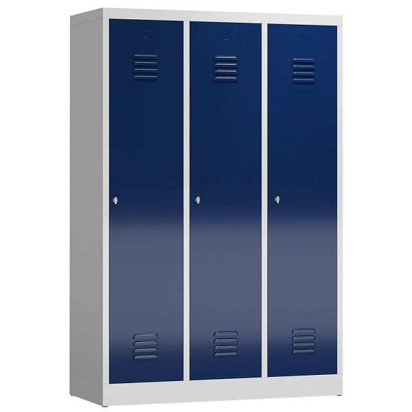 Lüllmann ClassiX Garderobenschrank, 3 Abteile mit S/W-Trennung, 1800 x 1185 x 500 mm, lichtgrau/enzianblau, X-515131