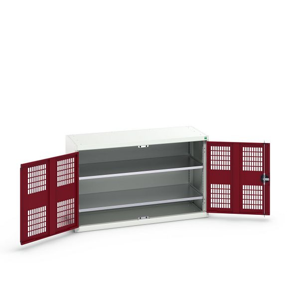 bott verso Flügeltürschrank mit Belüftung, mit 2 Fachböden, BxTxH: 1300 x 550 x 800 mm, Lichtgrau / Purpurrot, 16926780.24