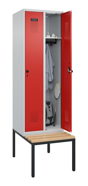 C+P Spind Evolo PLUS, 2 Abteil, 2120x600x815mm, 7035/3020, Drehriegel, Sitzfläche Buche-Hartholz, Sitzbank, 0490507-20 S10005