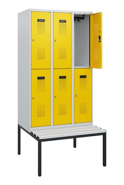 C+P Doppelstöckiger Spind Evolo PLUS, Bank, 6 Fächer, 1950x900x815mm, 7035/1023, Zylinderschloss, Sitzfläche Kunststoff, Sitzbank, 0493505-30 S10136